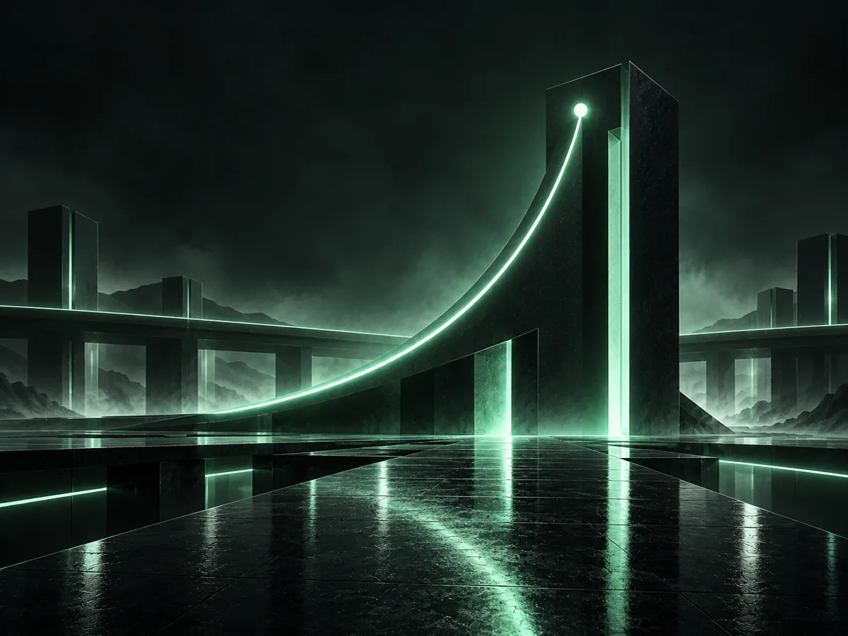 A black stone ramp rising along a lit curve to a glowing point at the top of a monolith.