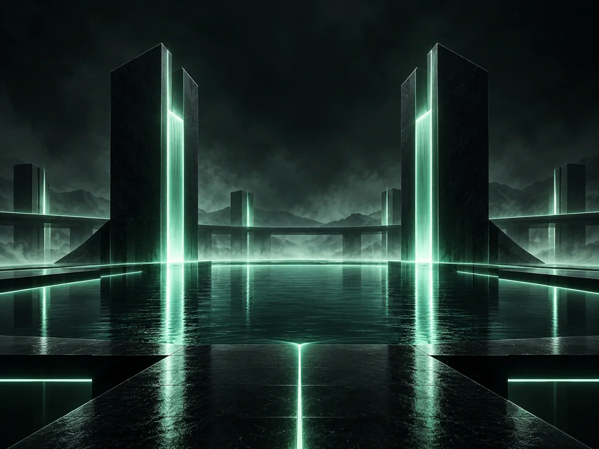 Two lit towers standing over a still pool of water.